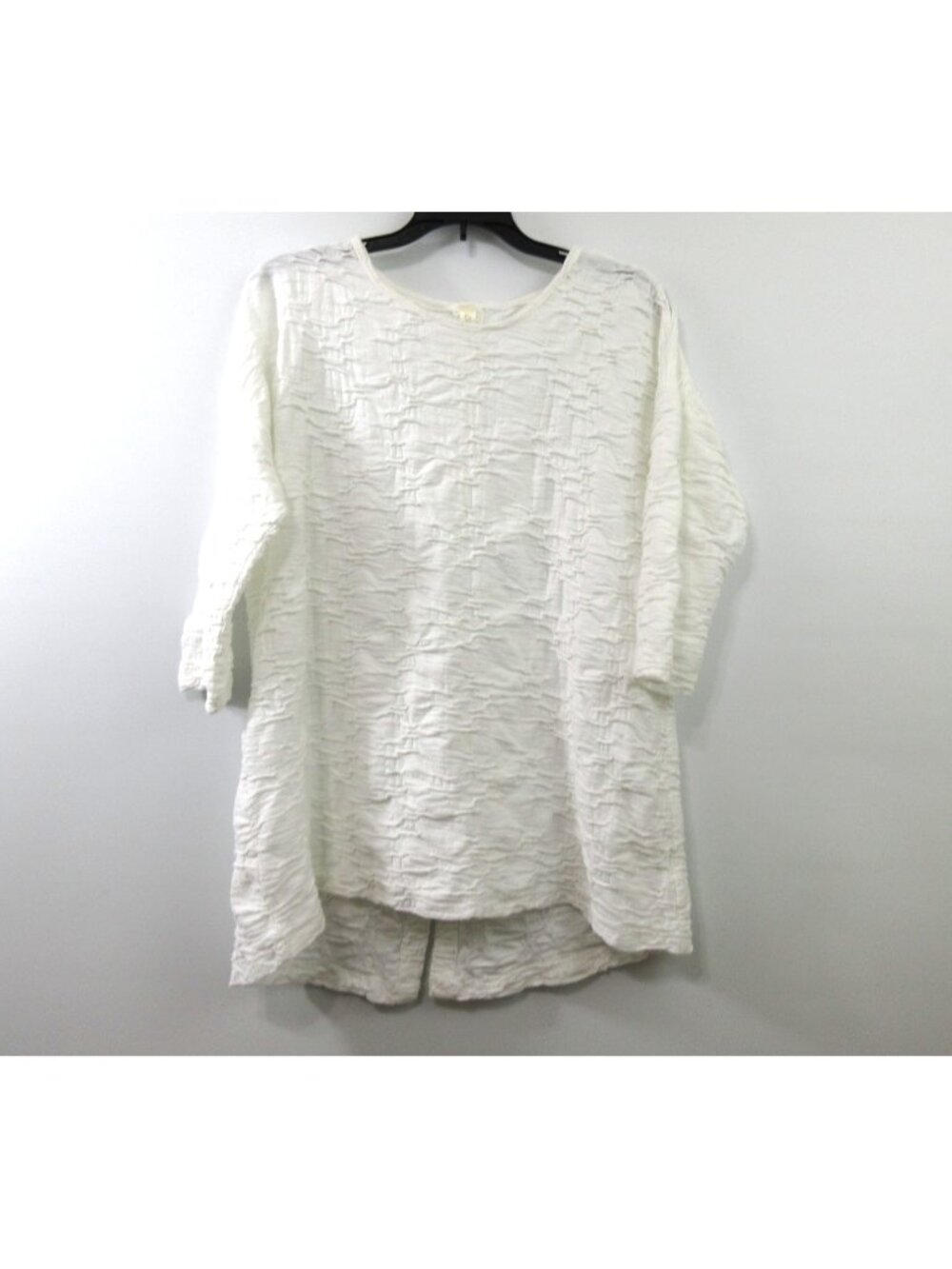 Cubism Lagenlook Tunic Top Large White Hi Low Back Button 3/4 Sleeve 100% Cotton